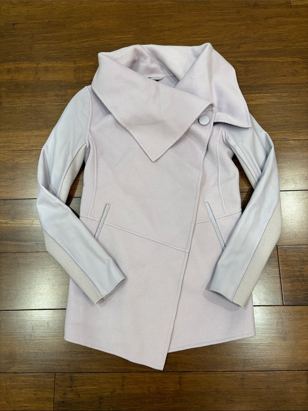 Mackage wool/cashmere blend asymmetrical coat, leather sleeves, XXS